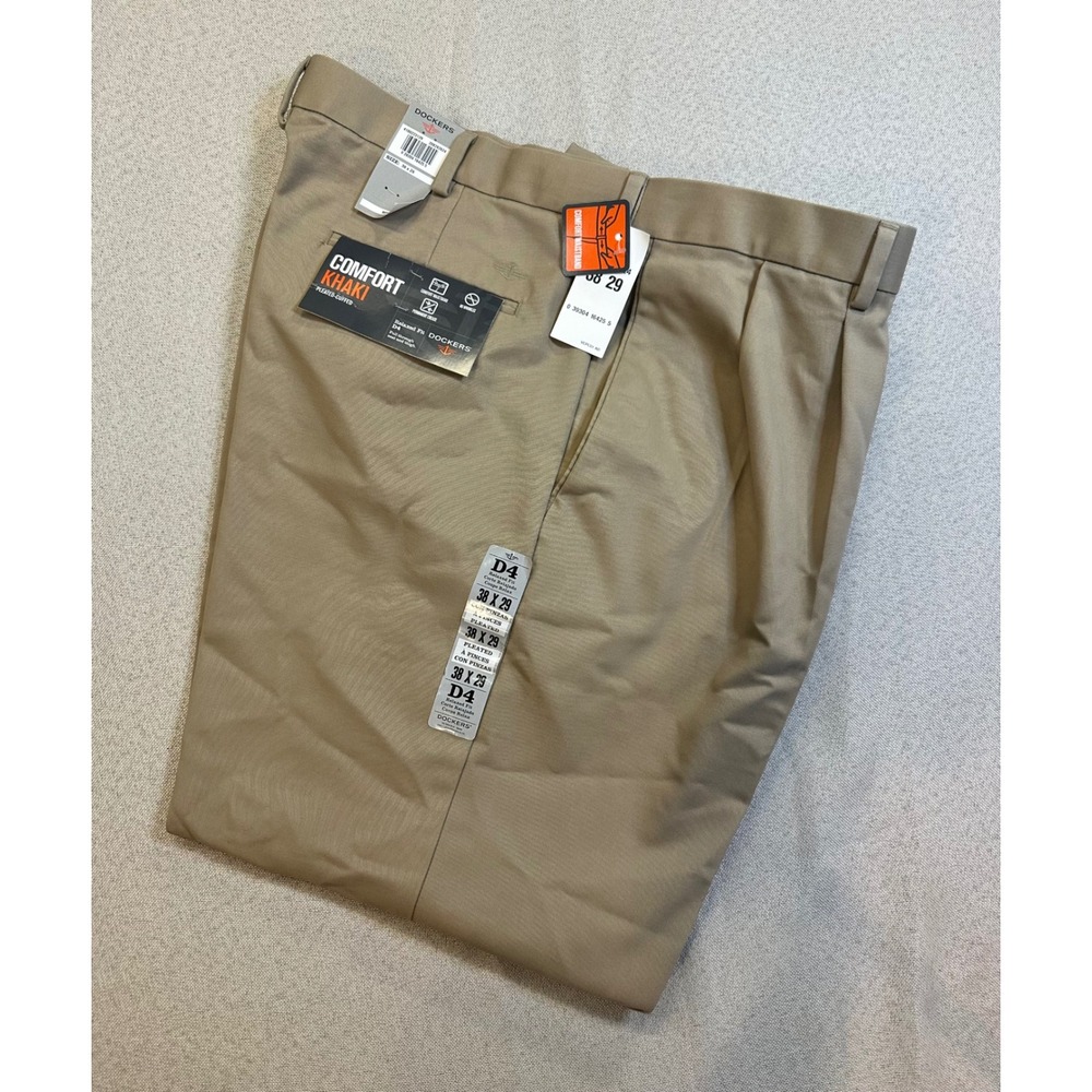 Dockers Mens Comfort Khaki D4 Relaxed Fit Pleated Cuffed Pants Tan 38x29 NWT
